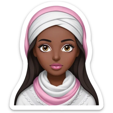 A woman with long, dark hair wears a traditional white keffiyeh, her makeup is well done, with defined eyebrows and soft pink lips  sticker