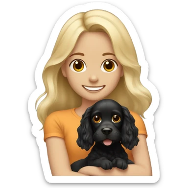 Happy blonde girl with brown eyes holding on hands black cocker spaniel sticker