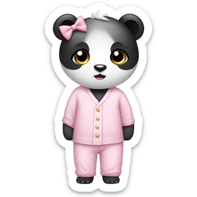 panda wearing light pink pajamas and a bow sticker