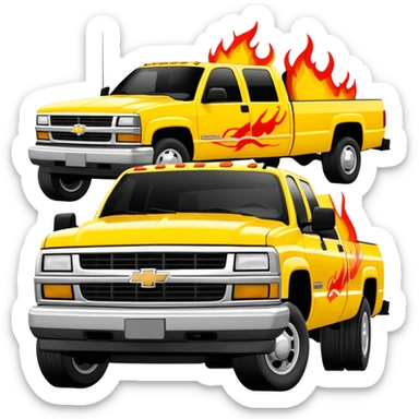 1997 yellow Chevy C-2500 Crew Cab with red flame design only painted on the front bumper, movie-accurate Kill Bill truck detail, 30-degree view, iOS emoji style sticker