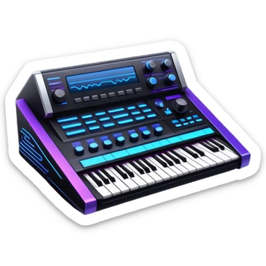 Create a sleek and modern emoji that represents sound design. The design should feature sound waves, a sound mixing console, and a black studio synthesizer to symbolize the process of creating and shaping sound. Include elements like a synthesizer or audio effects buttons to highlight the creative tools used in sound design. Use futuristic colors like neon blue, purple, and silver to convey the cutting-edge, experimental nature of sound creation. The background should be transparent. sticker