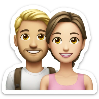 smiling couple indoors realistic make the guy tan with dark brown eyes and girl with hazel green eyes and pale skin and pink lips sticker