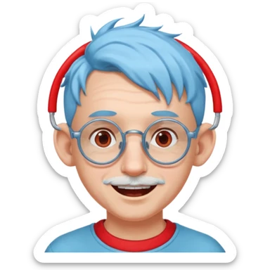 light blue haired man mid length hair with big ears and red earrings and spectacles happy sticker