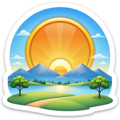 peaceful morning landscape with glowing sun, blue sky, very simple and iconic sticker