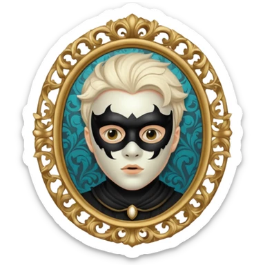 Spooky killer on mask on fancy mirror behind boy sticker