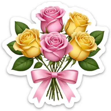 A bouquet of flowers, composed of pink and yellow roses, four blooms in total, tied with ribbon. sticker