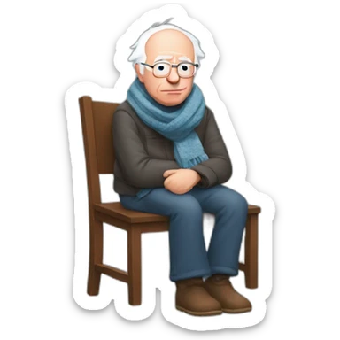 Bernie sanders sitting on chair having cold wearing a scarf sticker