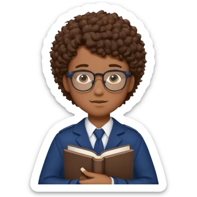 Boy student wearing uniform, glasses, hold book in front of their chest, brown curly hair, dark skin sticker