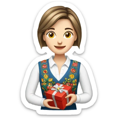 A female teacher in Ukrainian embroidery holds a gift in her hand sticker