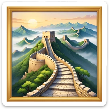 Cinematic Realistic Great Wall of China Landmark Emoji, depicted with ancient stone pathways winding over rugged mountains, watchtowers punctuating the misty landscape, and soft golden sunlight casting dramatic shadows. sticker