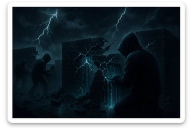 A dark, stormy digital landscape with broken firewalls, leaking data streams, and shadowy figures hacking into a network, evoking a cyber security nightmare. sticker