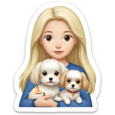 two women are holding one Maltese dog. one woman is brunette the other woman is blonde long haired  sticker