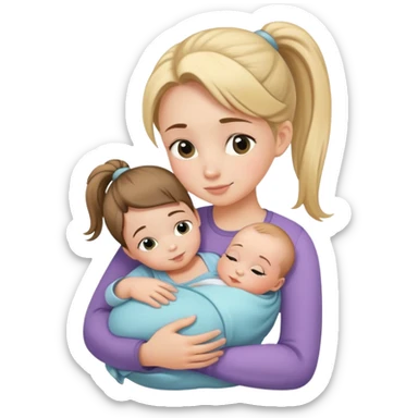 Girl with ponytail gently hugging a newborn baby and a young girl, family moment sticker