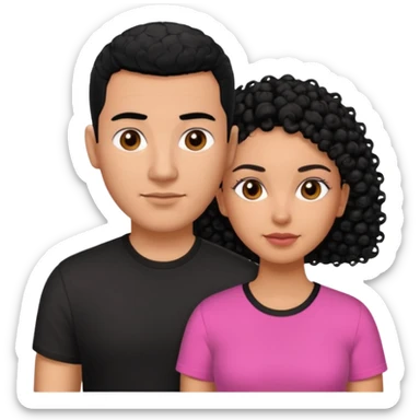 A picture if a couple, the man is a Mexican man with  black hair, a buzz cut and black shirt on.the woman is mixed with black and white, with curly hair and a pink shirt on sticker