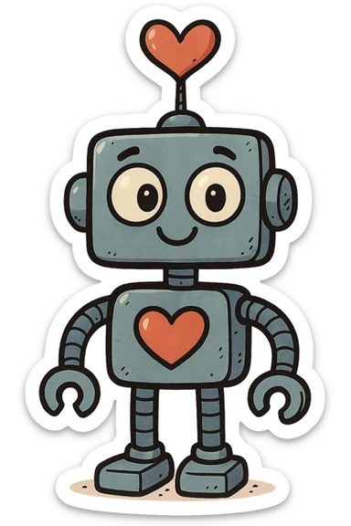 quirky robot with a heart-shaped antenna sticker