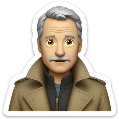 Middle-aged man in a trench coat with a leather fur collar sticker