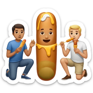 one man on his knees. another man standing up. the man on his knees is eating a corndog next to the others mans leg sticker