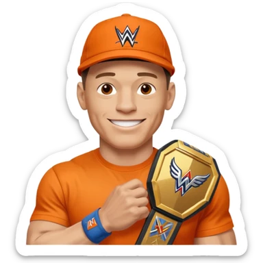 John Cena in orange cap and tshirt with wwe championship sticker