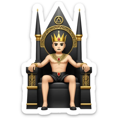 wide big iron black Illuminati throne with gold filigree and central Illuminati symbol sticker