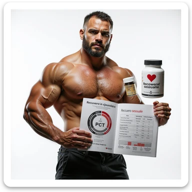 hyper realistic bodybuilder in gym holding a PCT chart and a brochure with Italian text 'Recupero sessuale', supplements and heart symbol next to him, positive atmosphere, caption 'PCT: salute ritrovata', isolated on white background sticker