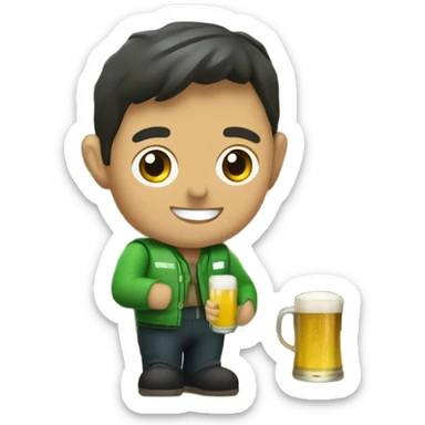 una persona con un chaleco verde y el logo de LA ONCE bebiendo una cerveza sticker
