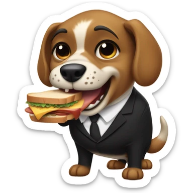 A ferocious dog in a black suit ready to bite a sandwich. sticker