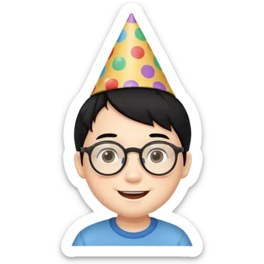 a little boy with black hair with birthday hat, wearing glasses 















 sticker