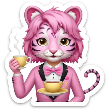 An pink tiger having an pink tea party with an girl sticker