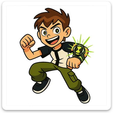 Ben 10 in vibrant toon style, dynamic pose, glowing Omnitrix, energetic expression sticker