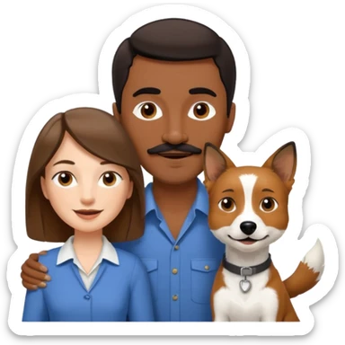 Quiero a una mujer blanca  con el pelo por el hombro lacio castaño  con un hombre de color morochito con el pelo negro y bigote, ambos felices  y un solo perro blanco Fox terrier  sticker