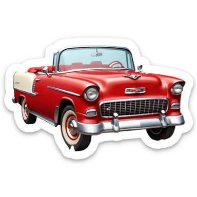 1955 Chevrolet Bel Air Convertible, Red-White color, with a bucket of brown mud pouring down on it, and the car itself is covered in brown dirt on the sides, which is stuck and clearly visible from all sides of the body. 32x32 pixels, aspect ratio: 1:1 sticker