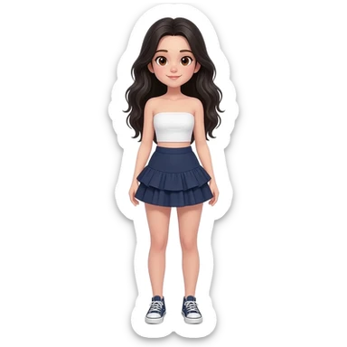 Full body emoji of a tall girl, realistic human proportions, long wavy black hair, fair skin, brown eyes. Wearing white strapless top, navy ruffle skirt, and sneakers. 3D Apple style, white background.
  . sticker