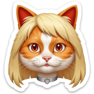 A cat with a wig on and red human nails sticker