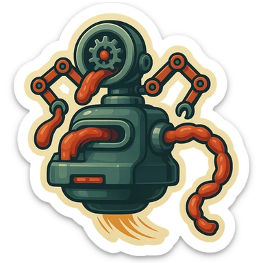sausage-processing droid. retro-futuristic style. in front is a large industrial grinder rotating gears and blades. Two robotic arms feed material into grinder. Sausage links extrude from the rear like  factory. The body is metallic, compact, and floats above the ground.no legs. Dark humor sticker