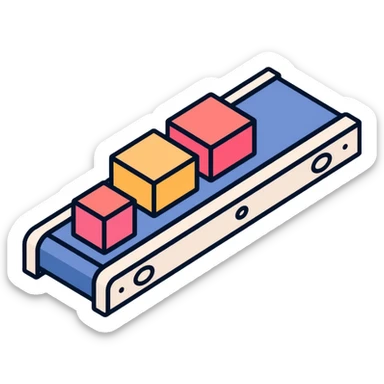 Conveyor belt system moving small cubes in sequence, automation concept sticker