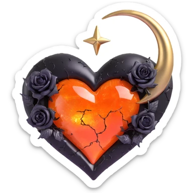 gothic heart made of molten gold glass, silver crescent moon, black roses, holographic stardust, neon orange lightning, wet and cracked glass sticker