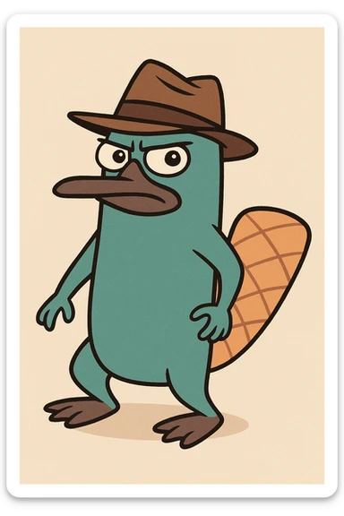 teal platypus wearing a brown fedora, simple, clear, character-focused sticker