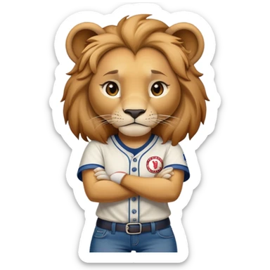 determined anthropomorphised female lion in a baseball shirt and jeans with arms folded, confident stance sticker