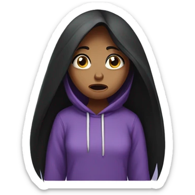 girl with long black hair, purple eyes, and purple hoodie looking scared sticker