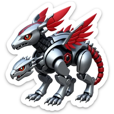 Futuristic mechanical cyborg modern badass cool shiny metallic alloy silver-grey obsidian-black crimson-red white animal Digimon Fakémon hybrid full body with intricate patterns sticker