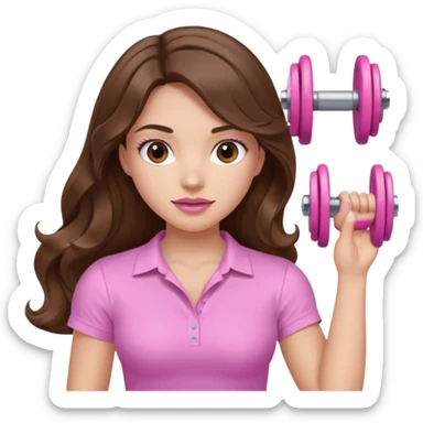 girl with wavy long brown hair, brown eyes, light to medium complexion, long lashes, light pink lipstick, wearing light pink shirt, lifting a pink dumbell weight sticker