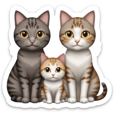 3 different coloured short haired cats including; a dark brown tabby and white cat, and a dark grey and white  sticker