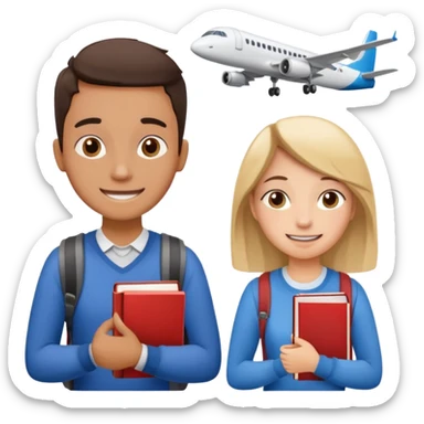 Create two emoji characters.

Left: a stressed student preparing for IELTS, holding books and coffee, tired face, exam stress.

Right: a happy confident student after IELTS, traveling abroad, airplane, university, freedom, smiling.

Style: Apple emoji, clean, simple, white background. sticker
