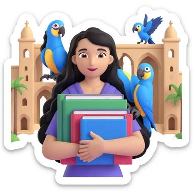 woman with long black hair and light brown skin, holding a stack of books in her arms, blue macaws flying around her, face as the focal point, with the arches of Atalaia Beach subtly in the background sticker