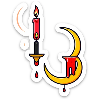 dripping red candle in a gold holder with a crescent moon in the background sticker