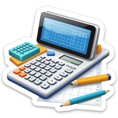 An icon featuring mathematical formulas, a calculator, and geometric shapes, symbolizing mathematics. The design includes a ruler, and a graph, representing the study of numbers, equations, and spatial relationships. Transparent background highlights the precision and logic of math. sticker