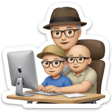 Middle aged man with glasses working at his desk, with his child sitting behind him on the headrest of his chair looking at his computer sticker