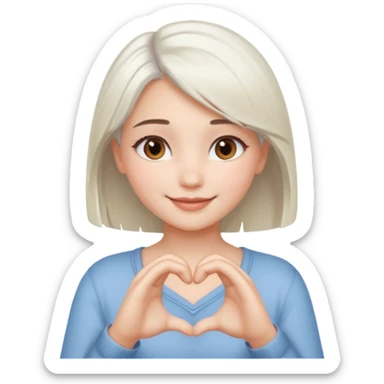Beautiful girl. Platinum-colored hair just below the shoulders, straight, brown eyes, sweet smile. Hands in the shape of a heart. sticker