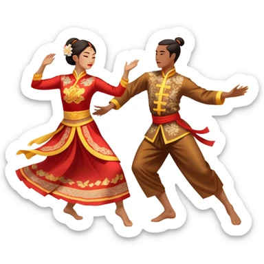 Cinematic Realistic scene of two performers executing a traditional Vietnamese folk dance, adorned in intricately patterned traditional costumes, captured in fluid motion with soft, culturally rich lighting sticker