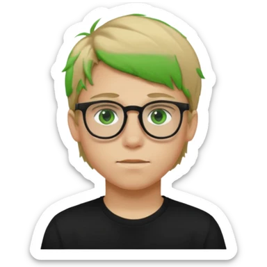 Generate me a profile picture like with a teenage boy who has dirty blond hair, green eyes, glasses and a black t-shirt sticker